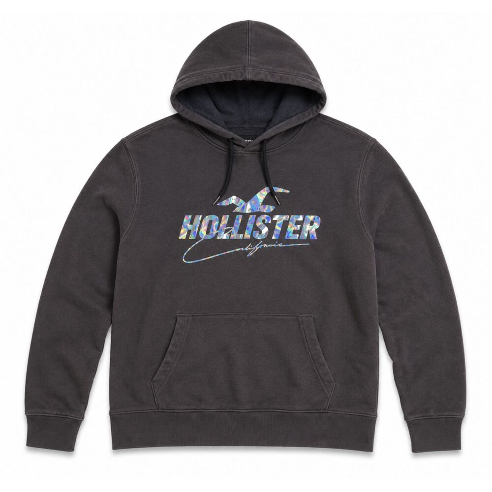 Hollister XL Black Iridescent Logo Hoodie California Pullover Sweatshirt
